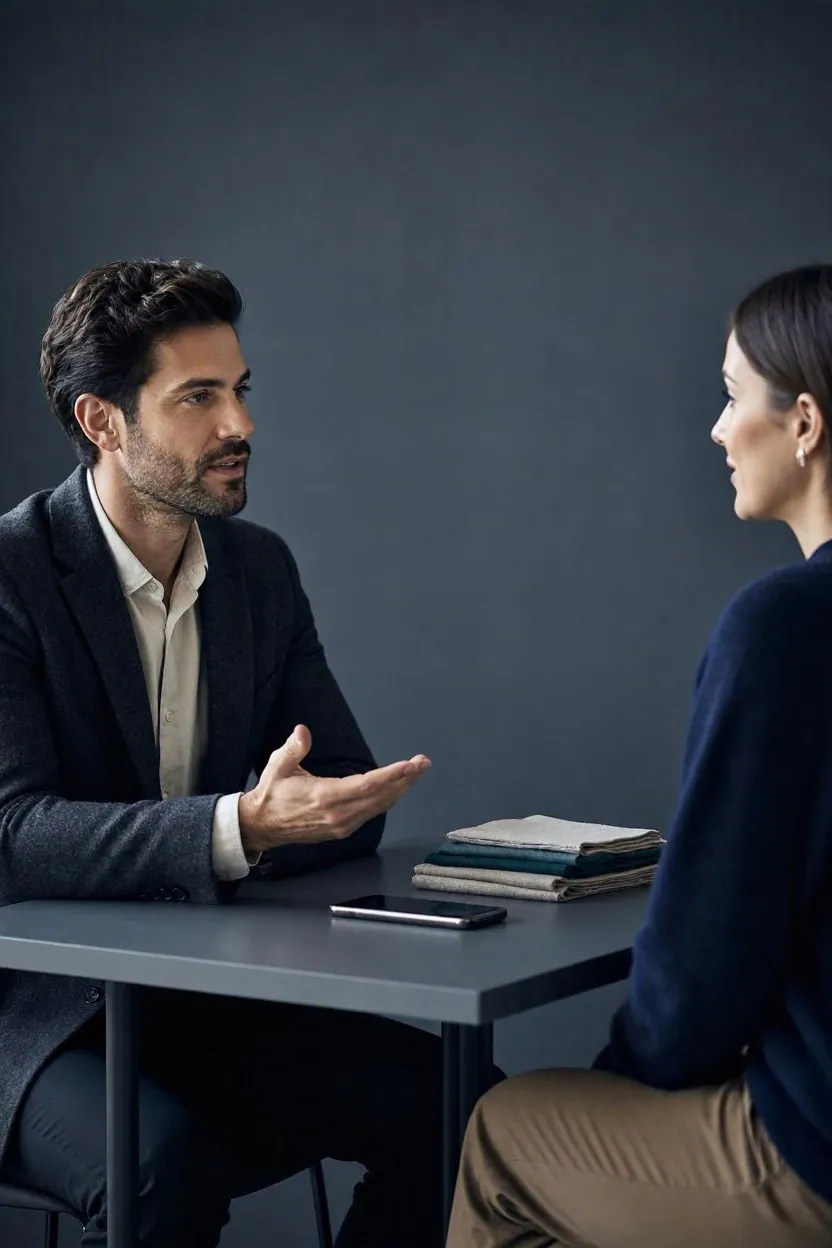 Dos personas conversan en una mesa mientras uno explica y el otro asiente