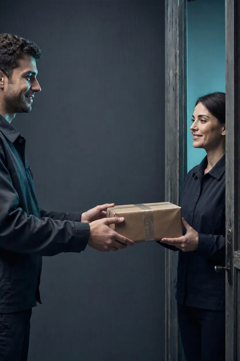 Un repartidor entrega un paquete de papel kraft sellado a una clienta en la puerta de su casa