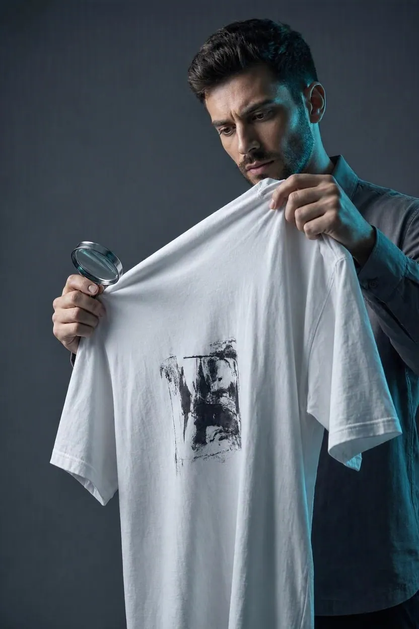 Una persona revisa con una lupa el estampado de una remera blanca