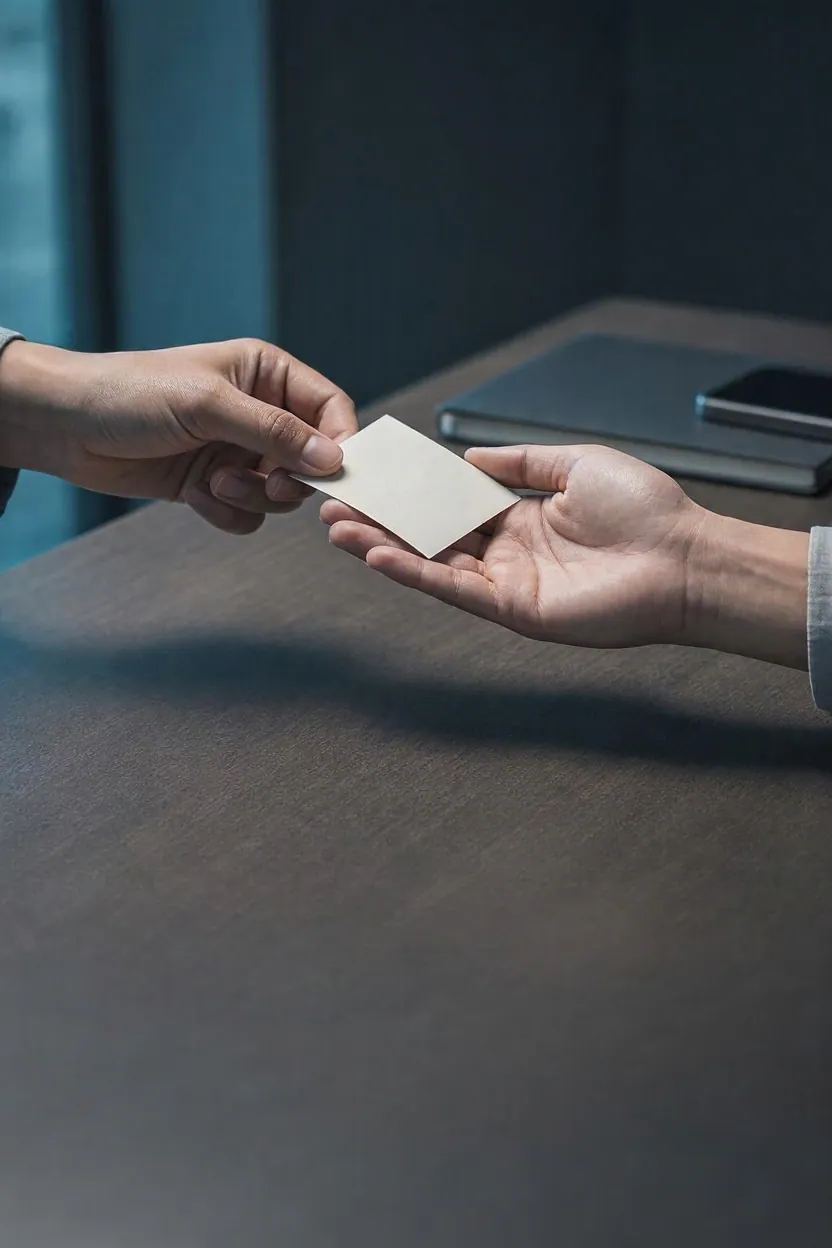 Dos manos intercambian un comprobante de pago sobre una mesa de trabajo