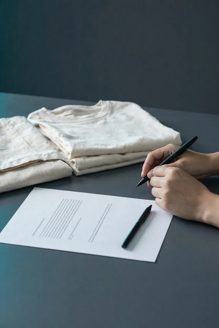 Un presupuesto impreso, una lapicera y una remera doblada sobre una mesa