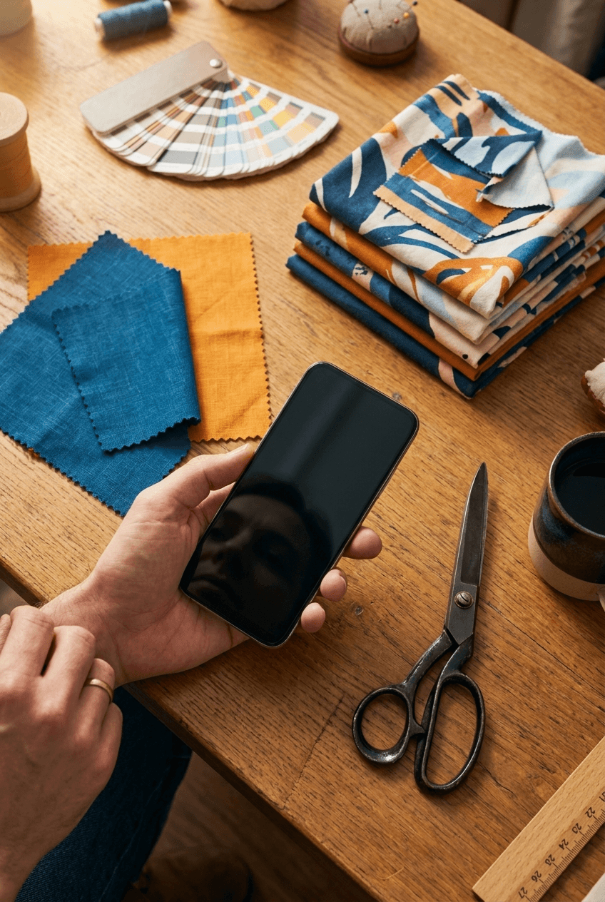Mesa de taller con muestrarios de tela, tijeras y una mano sosteniendo un celular